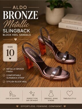 Aldo Bronze Metallic Slingback Block Heel Sandals Women’s Size 10